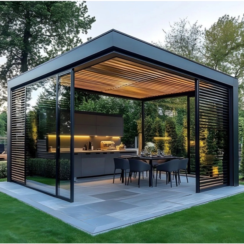 Outdoor Garden Waterproof Manual Bioclimatic Aluminium Louvered Roof Pergola with LED Light