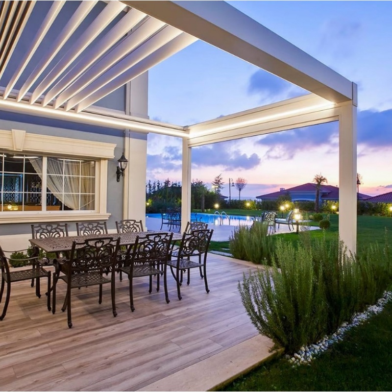 Outdoor Louvered Pergola Aluminum Patio Garden Pergola Adjustable Roof LED Light Waterproof Custom Size China OEM